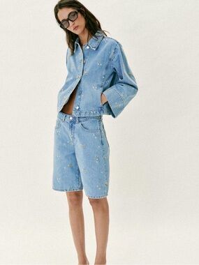 Zara Light Blue Denim Bermuda Shorts with Yellow & Lavender Floral Details